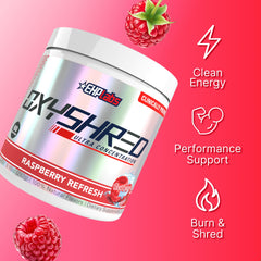 EHP Labs OxyShred prepared drink in glass showcasing refreshing Raspberry flavor.