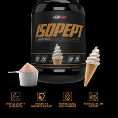 EHPlabs IsoPept canister-side view noting 27 servings and vanilla flavor.