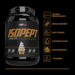 EHPlabs IsoPept label-front highlighting non-GMO, gluten-free, fast absorption protein.