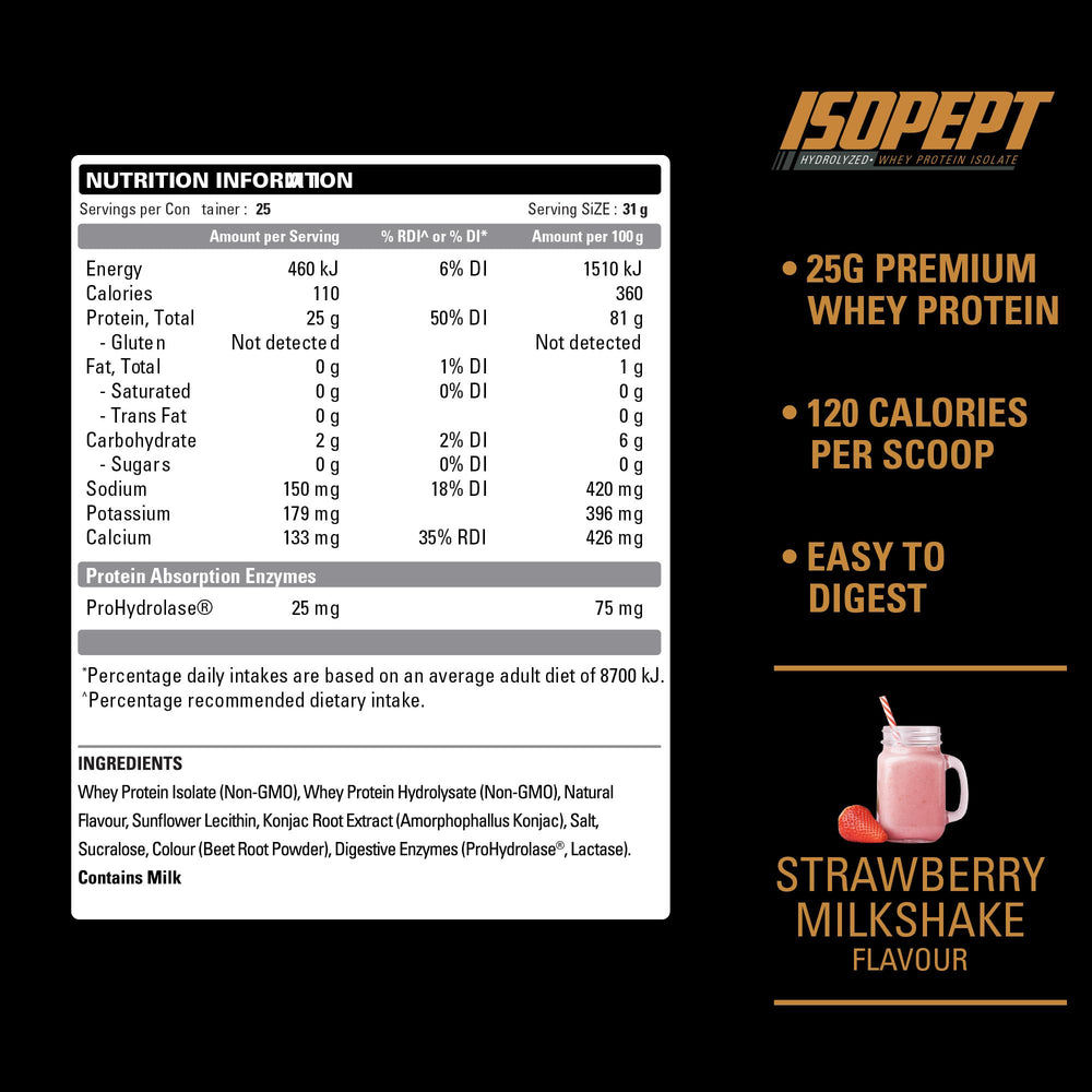 Close-up label shows non-GMO and gluten-free IsoPept details.
