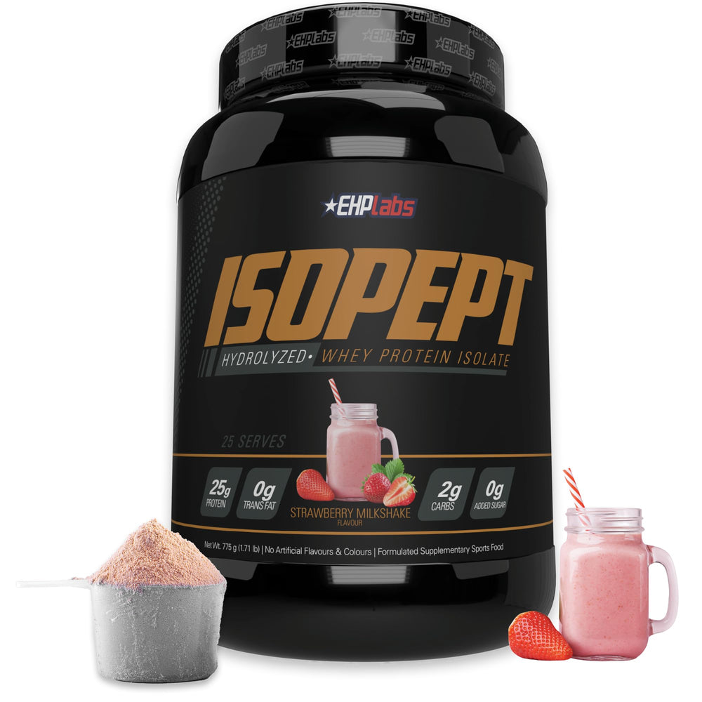 EHPlabs IsoPept whey protein bottle highlights fast-absorbing post-workout fuel.