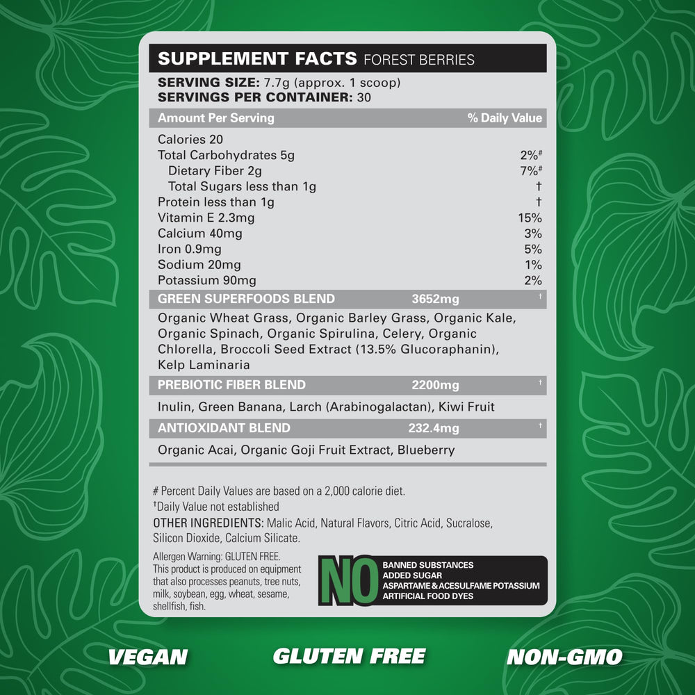 Digestive enzymes and probiotics label emphasizing gut support with OxyGreens.
