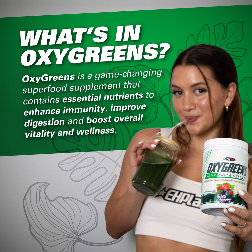 OxyGreens powder scoop shows a convenient daily serving.