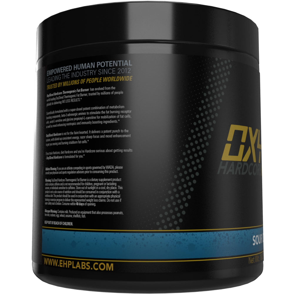 EHP Labs OxyShred Hardcore tub label showing 40 servings for easy planning