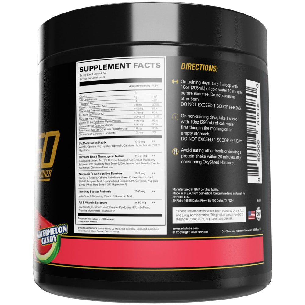 EHP Labs OxyShred Hardcore serving directions for training days and rest days.