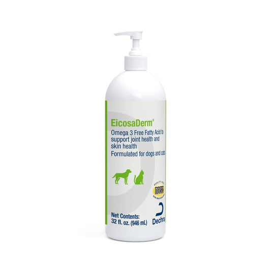 EicosaDerm Omega 3 liquid bottle being poured for dogs and cats' skin support