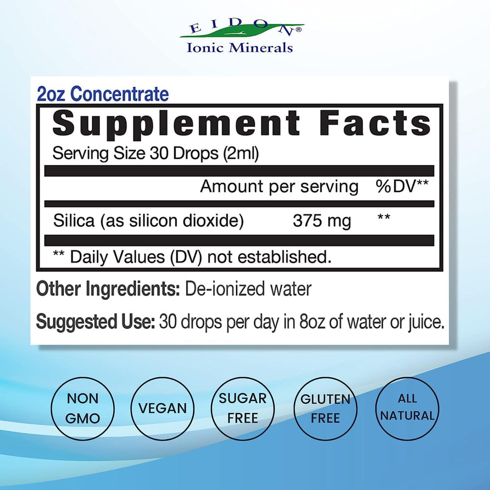Eidon Ionic Minerals label highlights vegan, gluten-free ingredients and all-natural formula.