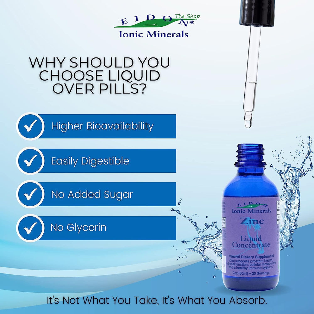 Close-up pour of Eidon Liquid Silica & Zinc Drops for convenient supplementation.