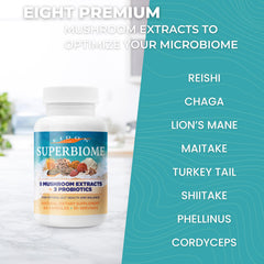 Eidon SuperBiome mushroom extracts variety for diverse nutritional support.