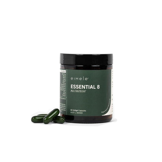 Eimele Essential 8 bottle front showing vegan multivitamin for daily energy and immunity.