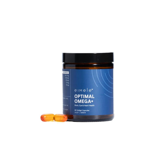 eimele Optimal Omega+ softgel bottle showing daily plant-based omega-3 capsules.
