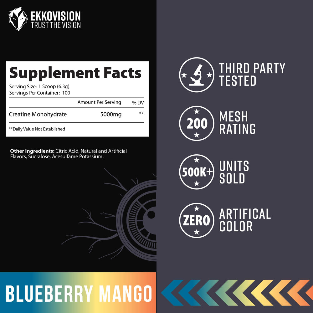 Close-up of Ekkovision Creatine Monohydrate Blueberry Mango dissolving in water.