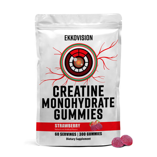 Ekkovision creatine gummies orange jar for convenient daily workouts.