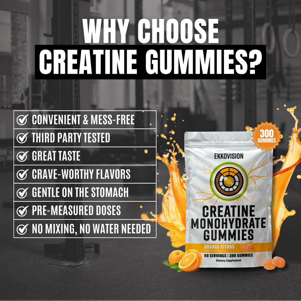 Ekkovision Creatine Monohydrate Gummies vegan, low-carb label signals keto-friendly option.