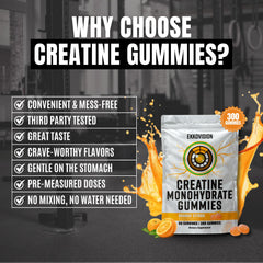 Ekkovision Creatine Monohydrate Gummies vegan, low-carb label signals keto-friendly option.