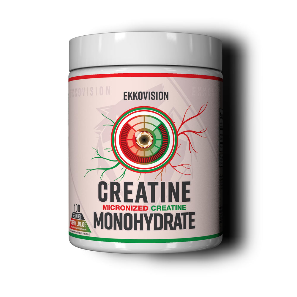 Ekkovision Creatine Monohydrate powder in a jar, easy to mix.