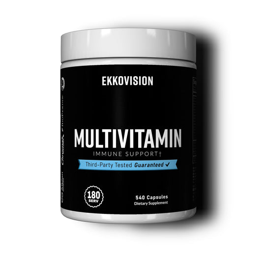 Ekkovision multivitamin bottle front showing 540 veggie capsules for a 180-day supply.