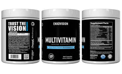 Bottle with serving size and iron-free plant-based formula note.