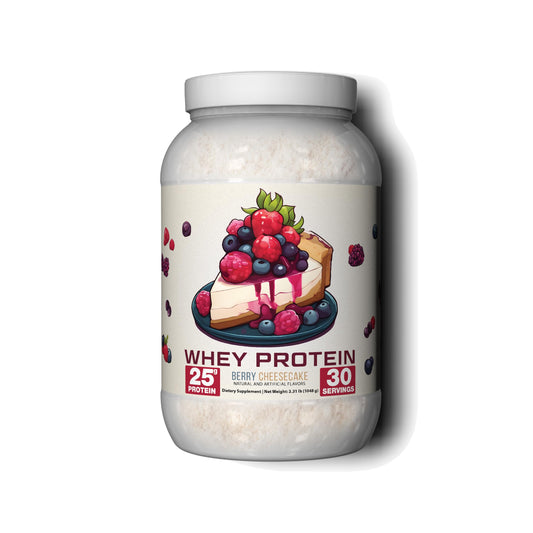 Ekkovision Berry Cheesecake protein powder scoop highlighting 25 g per serving for workouts.
