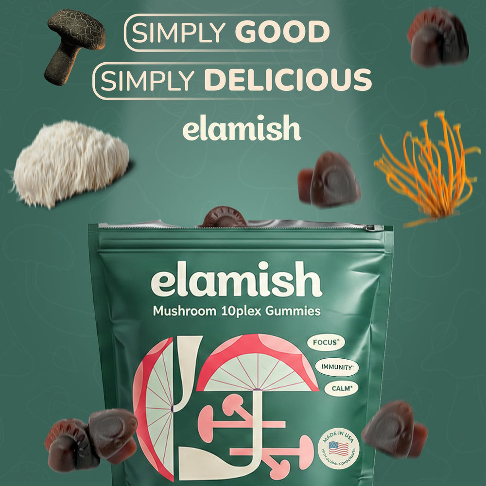 Elamish Mushroom Gummies ingredients label with 10-plex blend.