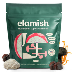 Elamish Mushroom Gummies jar front for daily focus and mental clarity.
