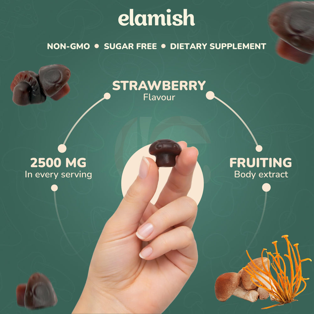 Elamish Mushroom Gummies strawberry flavor, sugar-free and vegan friendly.