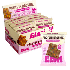 Elavi Birthday Cake Blondie packaging highlights a protein-packed vegan brownie for on-the-go snacking.