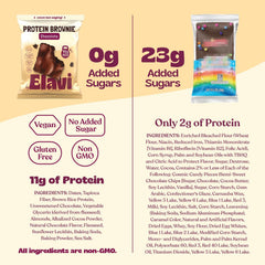 ELAVI Protein Brownie ingredient panel showing 10g fiber and plant-based protein