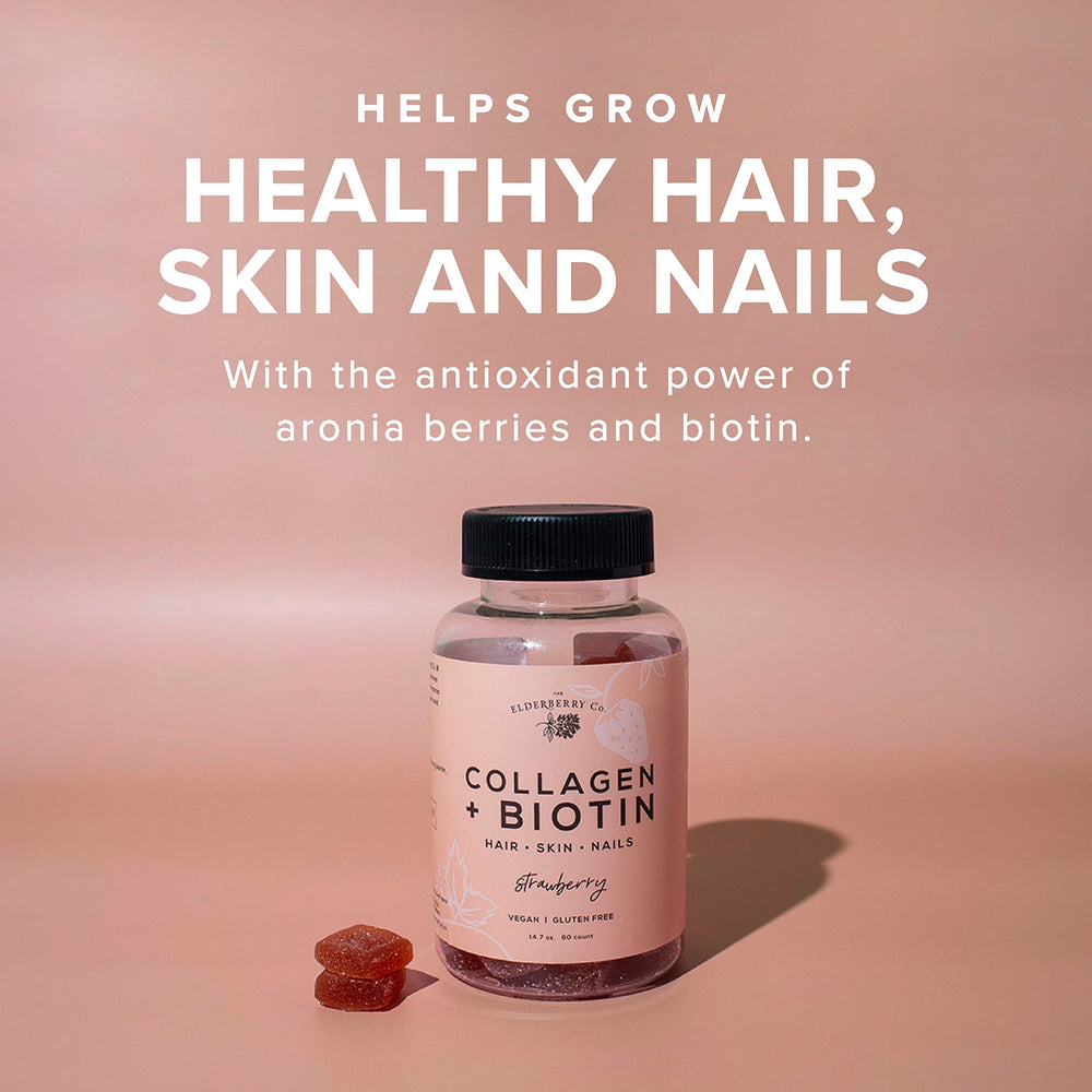 The Elderberry Co. gummies label highlights aronia berries and vegan ingredients for skin support.