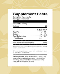Close-up of Lion's Mane gummy highlighting lemon berry flavor and fruiting body extract.