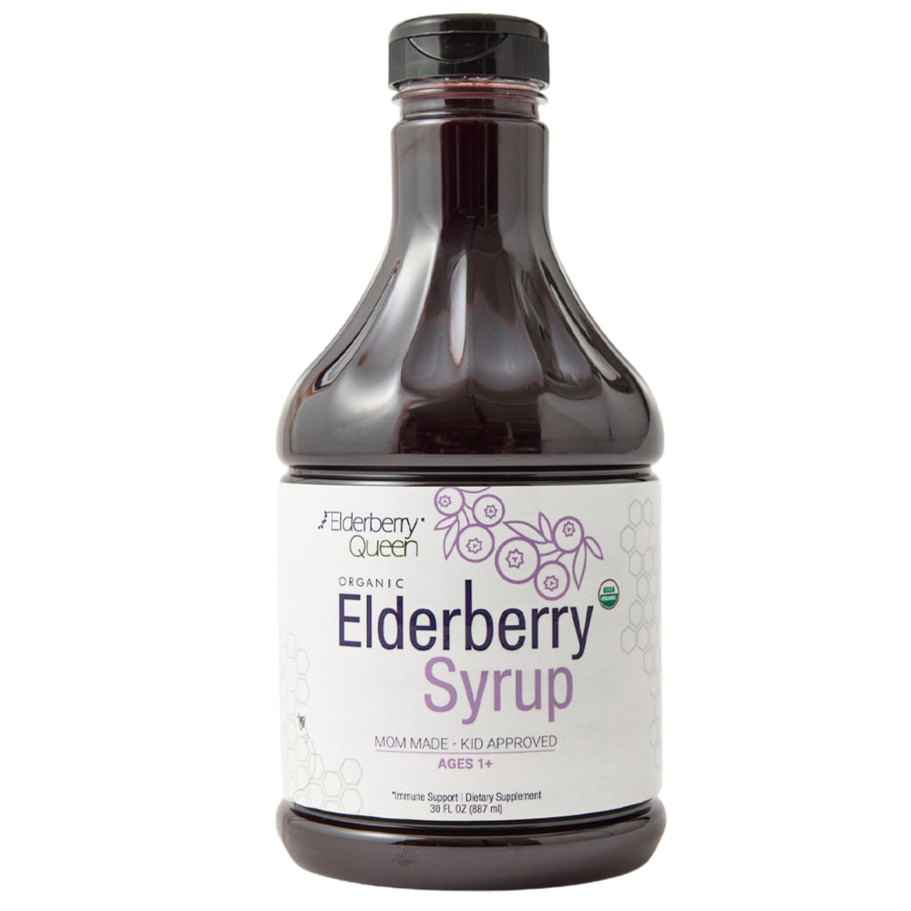 Elderberry Queen bottle pour enables easy family dosing and quick serving.