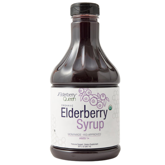 Elderberry Queen bottle pour enables easy family dosing and quick serving.