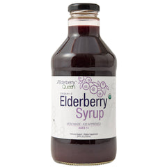 Elderberry Queen organic syrup bottle showing natural ingredients for family daily use.