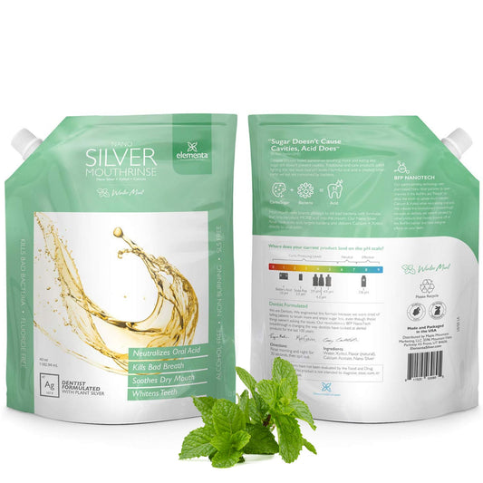 Elementa Silver Nano mouthwash refill pack showing eco-friendly pouch for convenient remineralization support.