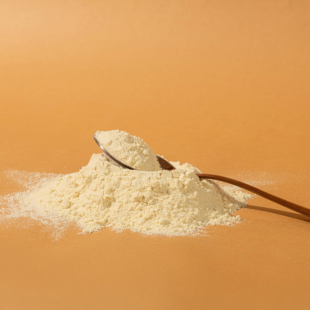 Elements Truffles Vanilla Protein Powder scoop shows smooth mixing for shakes.