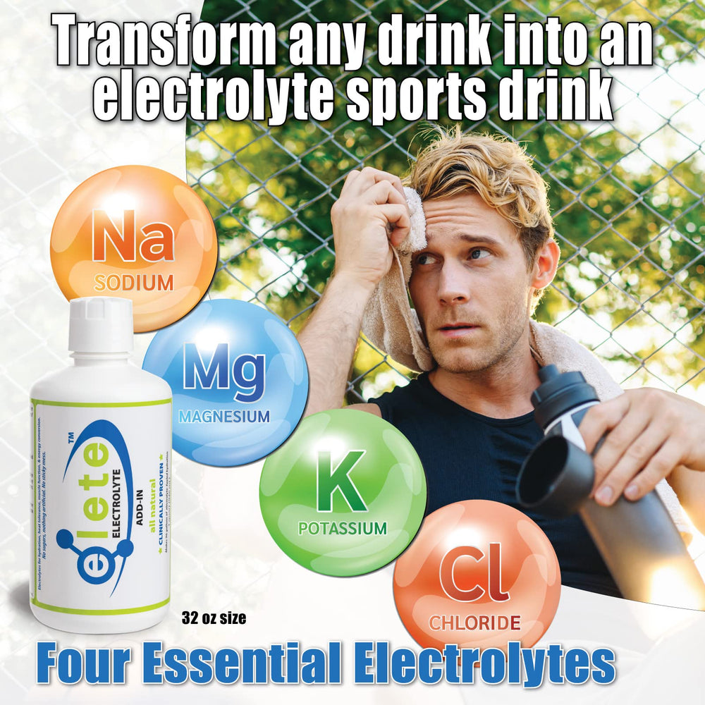 Pouring Elete Citrilyte Add-In liquid concentrate into water enhances hydration on active days.