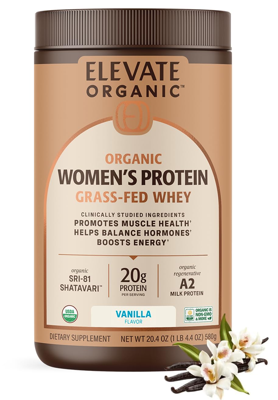 Elevate Organic Women’s Whey Vanilla tub for daily protein support.