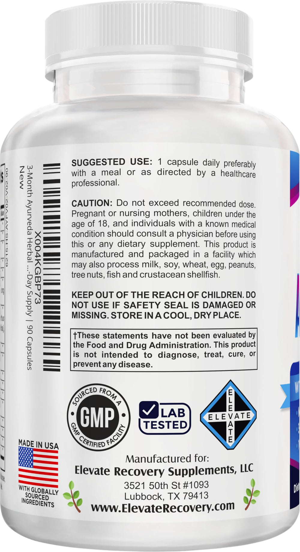 Elevate Recovery 90 capsules bottle demonstrates a convenient 3-month supply.