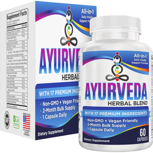 Elevate Recovery Ayurveda Herbs 17-in-1 bottle front view supports daily balance.