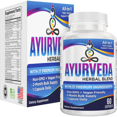 Elevate Recovery Ayurveda Herbs 17-in-1 bottle front view supports daily balance.