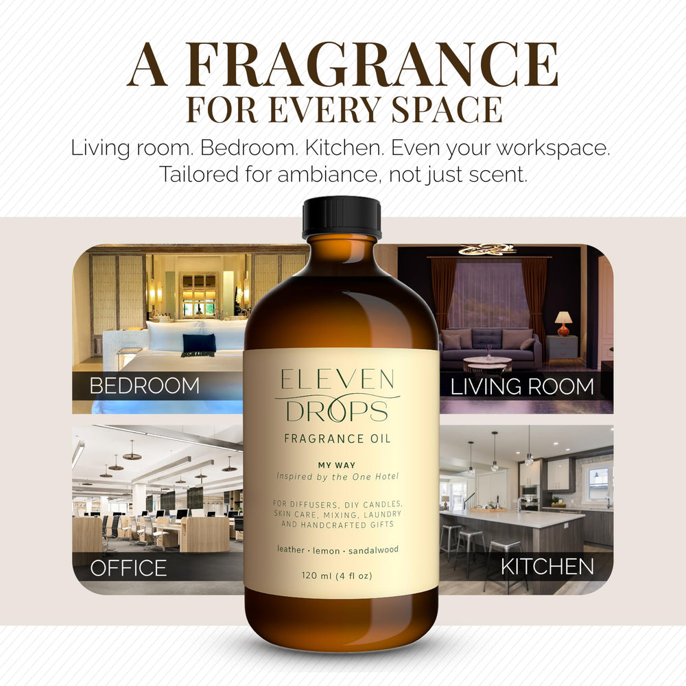 ELEVEN DROPS My Way diffuser oil bottle closeup, hotel-inspired luxury at home.