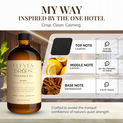 ELEVEN DROPS My Way diffuser oil bottle in hotel-inspired decor, elevates ambience.