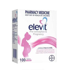 Elevit TAB with Iodine 100s bottle side view highlighting folic acid and iron.