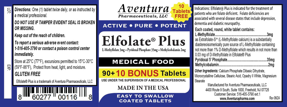 ELFOLATE Plus tablets close-up showing coated, easy-to-swallow design.
