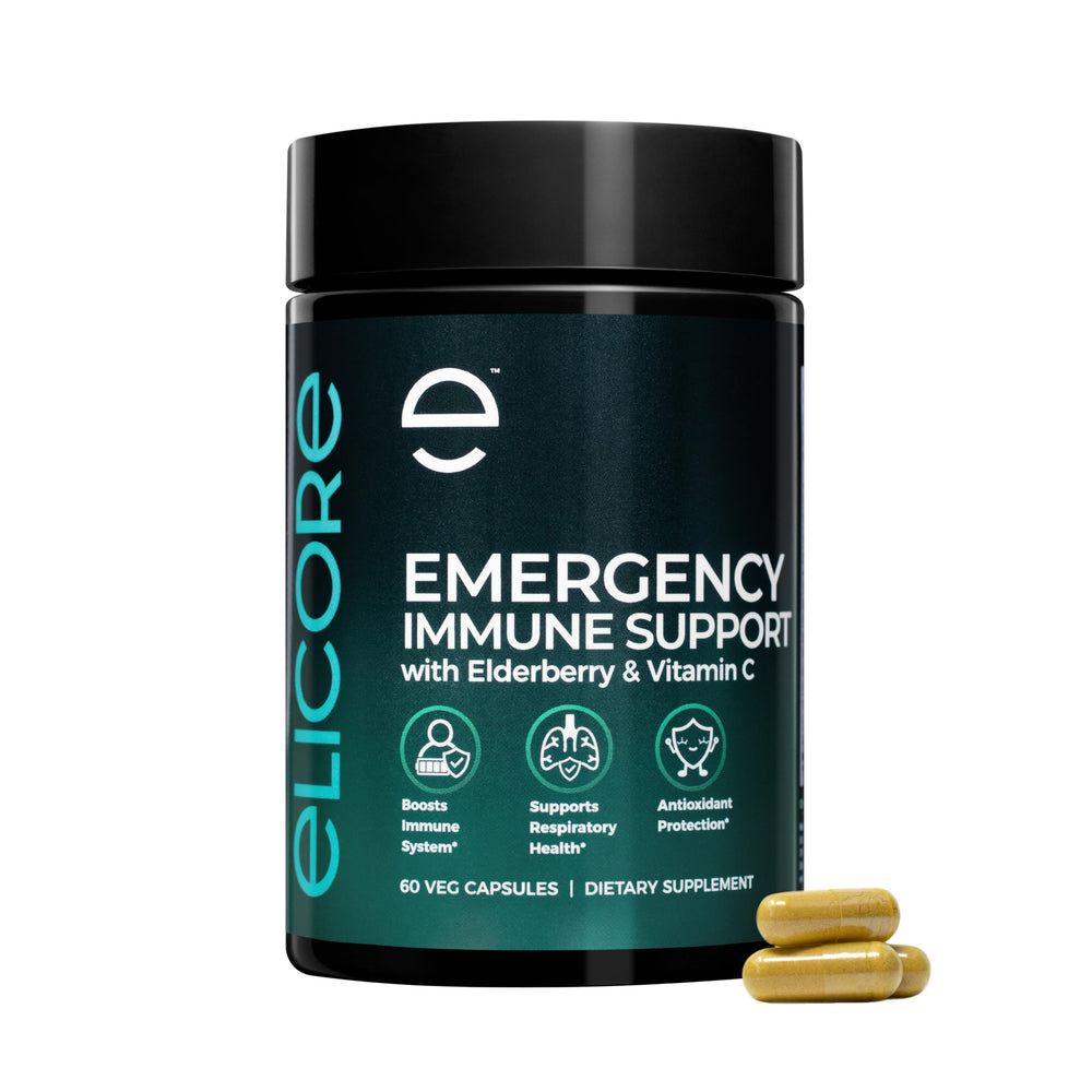 ELICORE Emergency Immune bottle front with daily immune support formula.