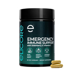ELICORE Emergency Immune bottle front with daily immune support formula.