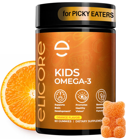 ELICORE Kids Omega 3 Gummies orange bottle displayed for easy daily use.