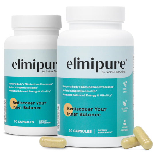 Elimipure Gut Cleanse bottle and labels promoting natural detox support.