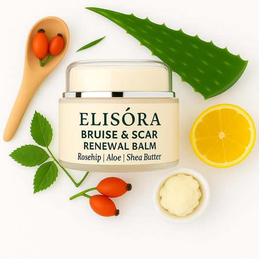 ELISORA Intensive Bruise & Scar Renewal Balm packaging, compact jar for daily scar care