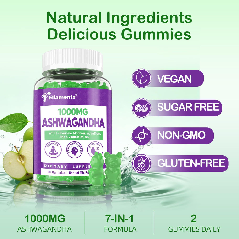 ELLAMENTZ Ashwagandha gummies 120-count pack shown for extended use.